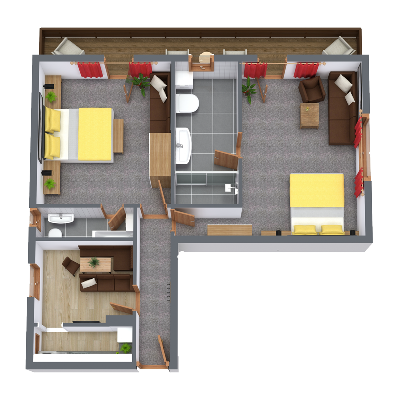 3D-Grundriss einer Wohnung mit zwei Schlafzimmern mit gelber Bettwäsche, einem zentralen Badezimmer mit grauen Fliesen, einem Wohnzimmer mit einer braunen Couch und einem kleinen Küchenbereich. Rote Vorhänge schmücken die Fenster und überall stehen Topfpflanzen.