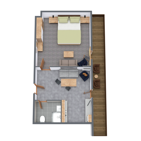 3D-Grundriss einer kleinen Wohnung mit einem Schlafzimmer mit Doppelbett, einem Wohnbereich mit Couch und Stühlen, einer Küche und einem Badezimmer. Auf einer Seite befindet sich ein schmaler Balkon. Neutrale Farben dominieren die Einrichtung.
